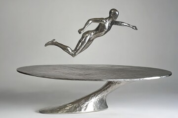 
A podium with a sculptural base, resembling an abstract human figure in motion, cast from silver metal, creating a dynamic and artistic representation of movement

