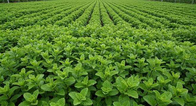 Vast field of vibrant green mint plants, cultivated in neat rows, stretching toward horizon under daylight