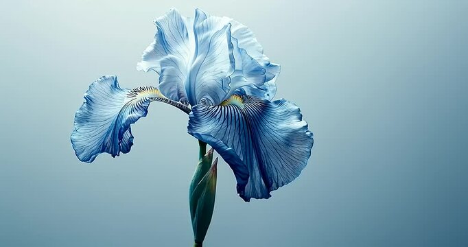 Elegant blue iris flower against a soft gradient background, highlighting its delicate features
