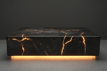 A podium with a sleek, polished black obsidian surface, featuring glowing cracks running through it, creating a striking, modern design with a touch of mysticism

