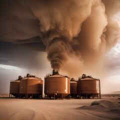 Industrial Storage Tanks in Desert During Dust Storm Environmental Impact and Harsh Conditions