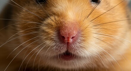 Fototapeta premium Close-up portrait capturing the golden hamster, showcasing its distinctive whiskers and delicate facial features