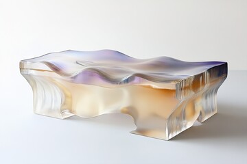 A podium with a wavy, fluid-like top surface made from clear resin, featuring subtle hints of color at the edges, creating an elegant and dynamic design

