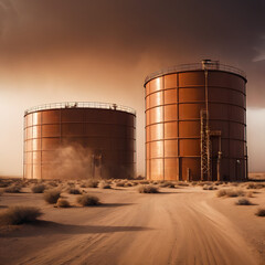 Obraz premium Large Orange Industrial Storage Tanks in Desert Dust Storm A Breathtaking View of Industrial Structures