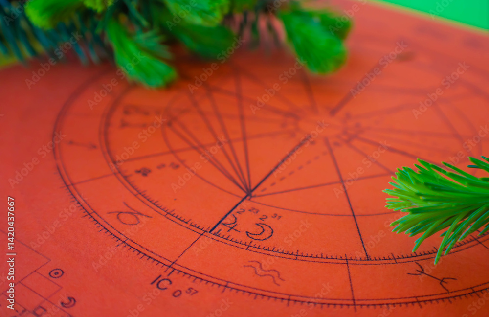 Wall mural close uo of printed red astrology chart with small fir tree branches in the background