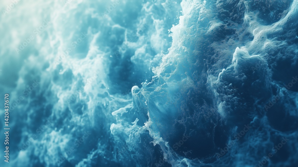 Poster a close-up view of turbulent ocean waves, showcasing the dynamic movement and texture of water. the 
