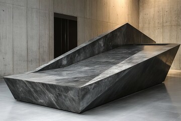 A podium with an angular, slanted surface made of polished concrete, featuring sharp edges and a matte finish, showcasing modern, minimalist design elements


