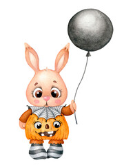 Cute pink bunny hare in a pumpkin costume with a black balloon. Children's cartoon character for Halloween. Hand drawn watercolor illustration isolated on white background.