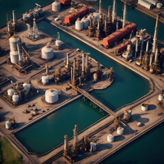 Aerial View of Industrial Refinery Complex with Water Channels Oil Refinery Processing Plant from Above
