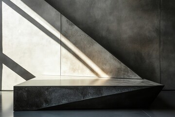 A podium with an angular, slanted surface made of polished concrete, featuring sharp edges and a matte finish, showcasing modern, minimalist design elements

