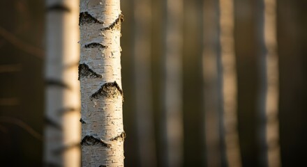 Fototapeta premium Close-up of birch tree trunks in serene forest setting at sunrise
