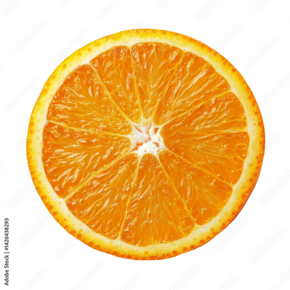 Poster fresh orange slice displayed on a transparent background showcasing its vibrant color and juicy text