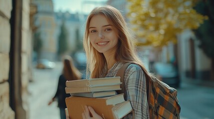 A young woman smiles while standing outdoors, holding several books in her arms.