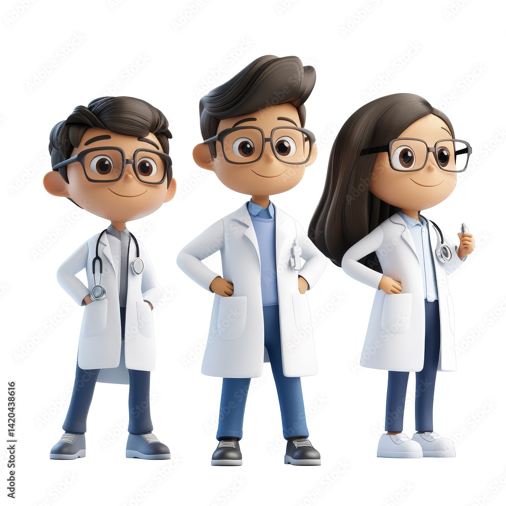 Poster a group of cartoon students in lab coats preparing for a science project at a school lab during the 