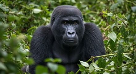 Naklejka premium Captivating portrait of a thoughtful gorilla amid lush forest vegetation