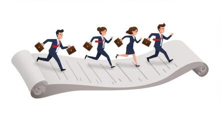 Fototapeta premium Business people running on a large document scroll with briefcases in a competitive environment race