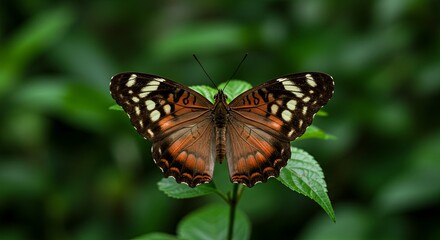 Obraz premium Exotic butterfly resting on a green leaf displays intricate wing patterns