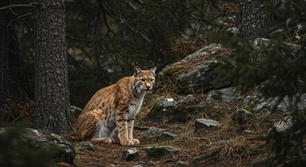 Fototapeta premium Eurasian Lynx portrait nestled in coniferous woodland setting amidst untouched wilderness