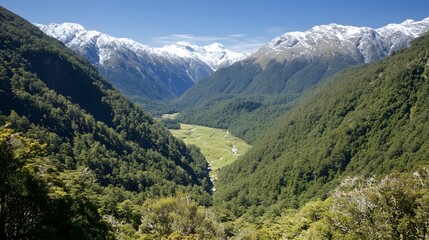 Fototapeta premium Majestic Mountain Valley Landscape Lush Green Forest Snow Capped Peaks
