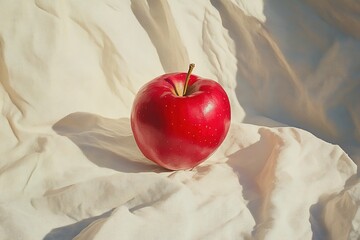 
A whole red apple with a glossy surface, placed delicately on crumpled linen cloth, set against a neutral background, highlighting its natural shine and simplicity

