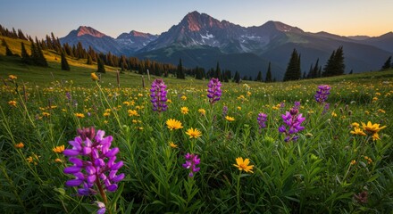 Fototapeta premium Picturesque meadow of wildflowers and majestic mountains at sunrise landscape