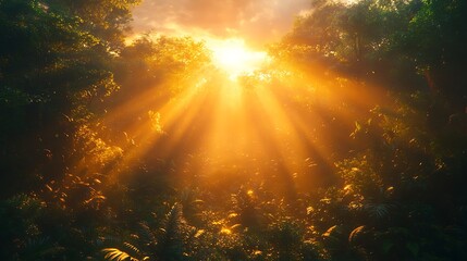Naklejka premium Golden Sunlight Rays Breaking Through A Lush Green Forest Canopy Beautiful Photo