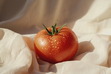 A fresh whole tomato with water droplets on its skin, resting on beige cloth, set against a clean backdrop, showcasing its natural beauty and freshness

