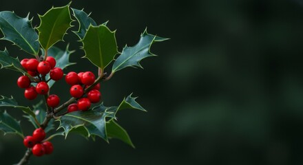 Obraz premium Festive holly berries and foliage against a dark, atmospheric background