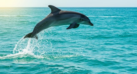 Fototapeta premium Bottlenose Dolphin Exuberantly Jumps From Tropical Ocean Water Surface