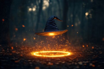 A floating witch hat suspended in mid-air above a glowing circle on the ground, creating an enchanting, mystical atmosphere perfect for Halloween or magical themes

