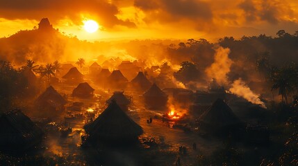 Golden Sunrise Illuminates Tropical Village With Thatched Roofs And Jungle Photo