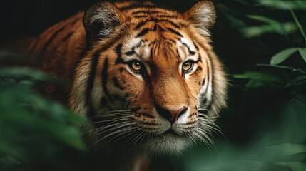 A powerful tiger prowling through a dense jungle, its orange and black stripes standing out against the green of the foliage.