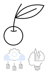 Cherry with a leaf symbolizing growth, cloud gear linking files for technology, human silhouette with arrows in bulb for ideas. Ideal for growth, technology, process, innovation, thinking, ecosystem