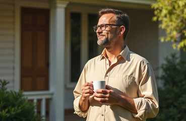 Mature man stands outside his house in sunny morning. He holds coffee cup. Man is happy, smiling. Enjoying leisure at home, wearing glasses, looking away. Daily routine, real estate concept.