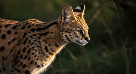 Obraz premium Striking portrait of a wild serval cat bathed in golden morning light