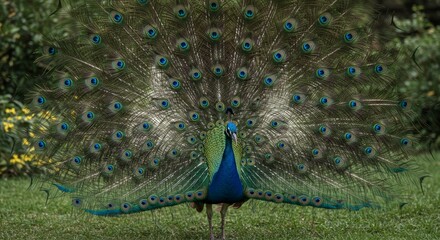 Obraz premium Striking peacock displaying vibrant feathers against verdant backdrop landscape