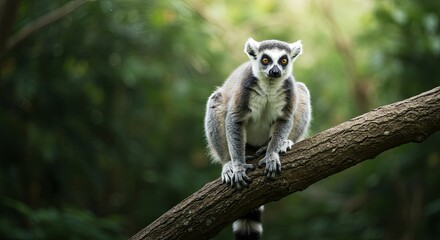 Ring-tailed lemur elegantly perched on a branch within a lush forest