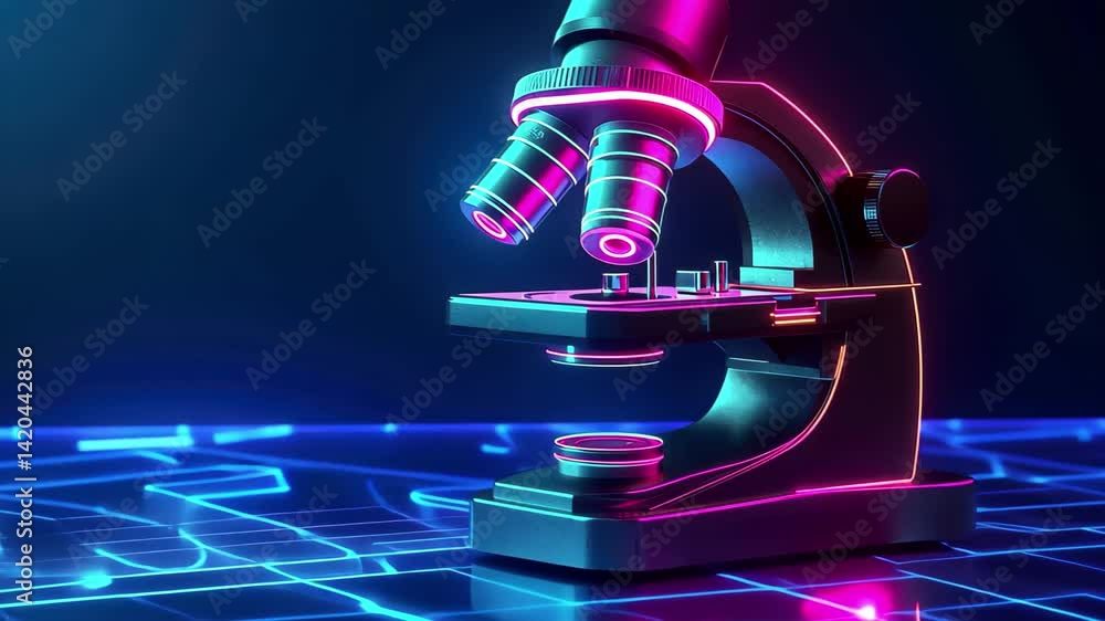 Poster colorful microscope icon on blue backdrop with neon lines representing innovation in science and tec
