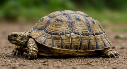 Obraz premium Serene tortoise stroll: Capturing a majestic reptile in its natural environment