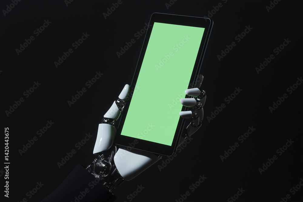 Poster digital interface in the grip of tomorrow: a robotic hand, metallic and precise, firmly grasps a tab