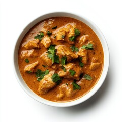 Overhead view of chicken tikka masala in a white bowl garnished with fresh cilantro sprigs on white background