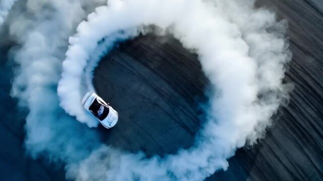 Race car drifting in smoke circle on asphalt, aerial orbit movement. 4K
