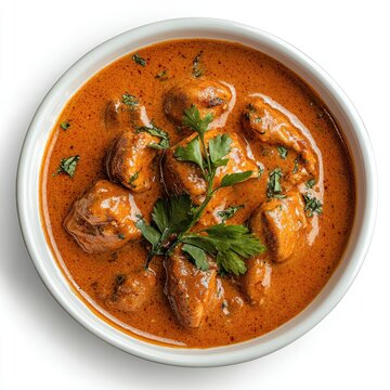 Overhead shot of a bowl of chicken tikka masala with cilantro garnish on a white background