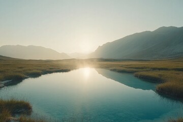 Fototapeta premium Serene mountain sunrise over tranquil alpine lake. Misty morning light reflects on still water, surrounded by grassy meadows and distant peaks