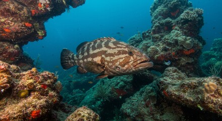 Naklejka premium Solitary goliath grouper swims by coral reef under clear blue ocean waters