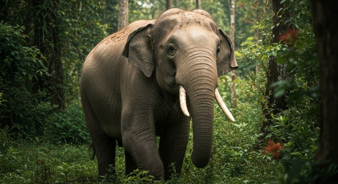 Magnificent asian elephant amidst dense foliage, tropical wilderness scenery