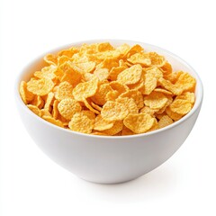A white bowl filled to the brim with golden yellow corn flakes cereal on a white background studio shot