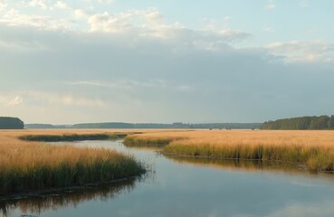 Fototapeta premium Danish Lille Vildmose nature reserve landscape. Summer eco scenery, blue sky, calm river. Green trees on horizon, grass, reeds, wild wetland, reflection. Scandinavia nature. Peaceful, tranquil eco