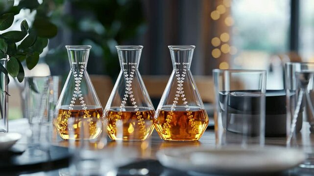 DNA strand displayed over beakers containing liquid substances used in vaccine research and development, dna strand over beakers and vaccine