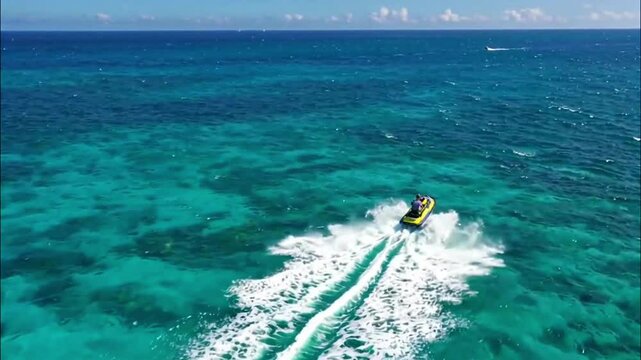 Dynamic drone video of a person jet skiing across crystal-clear turquoise water at high speed. Waves splash, water trails behind the jet ski in sharp curves. Sunny day, vibrant colors, wide ocean view